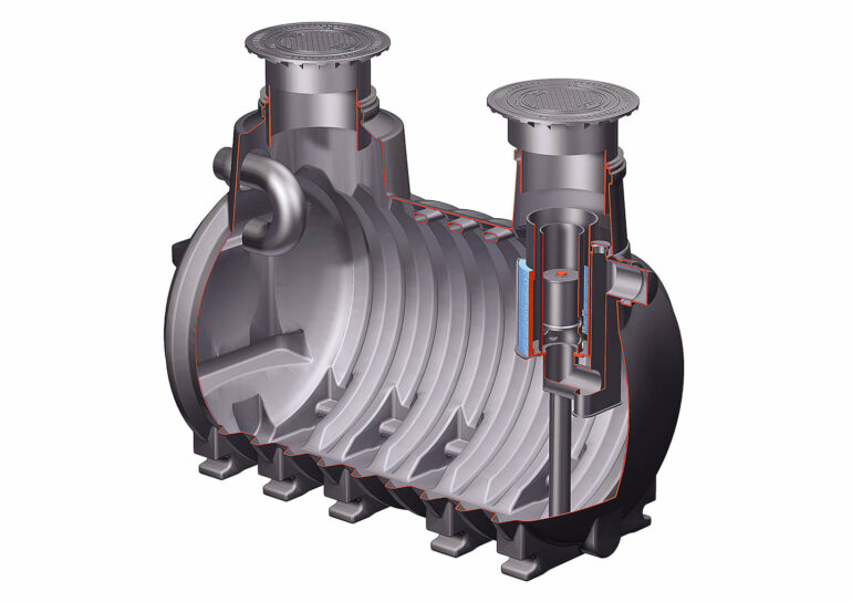 schematische Darstellung des Inneren eines Ölabscheiders aus Kunststoff